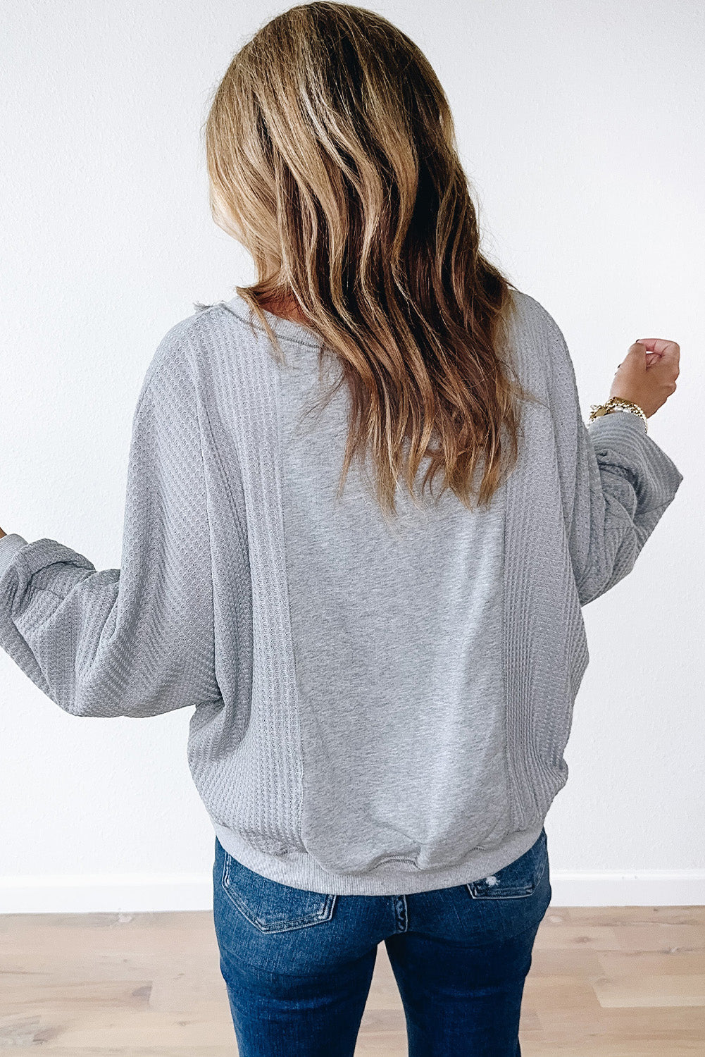 Light Grey Waffle Patchwork Long Sleeve Pullover Top - The Fair Lady Shop