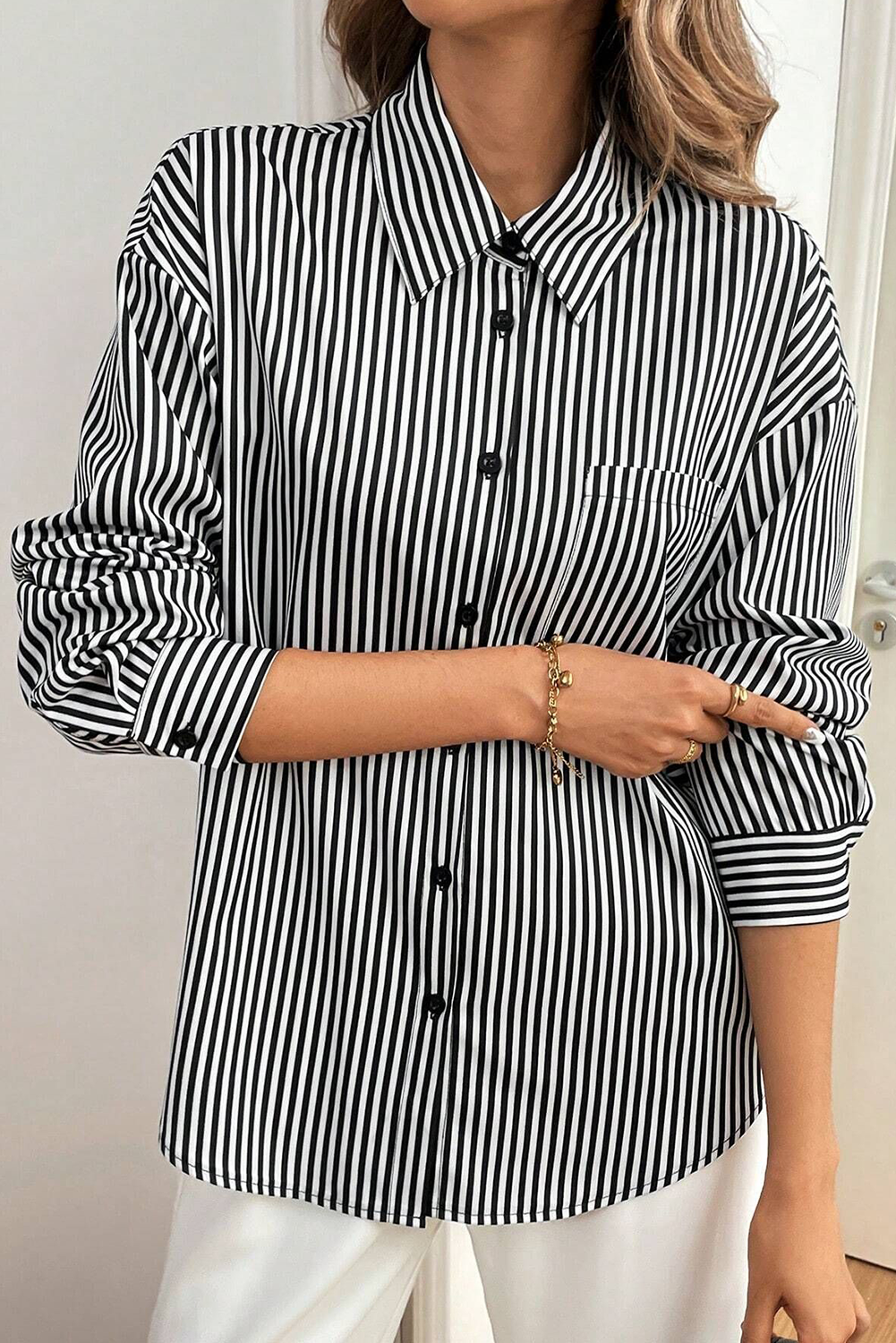 Black White Striped Button Down Bow Back Long Sleeve Shirt - The Fair Lady Shop