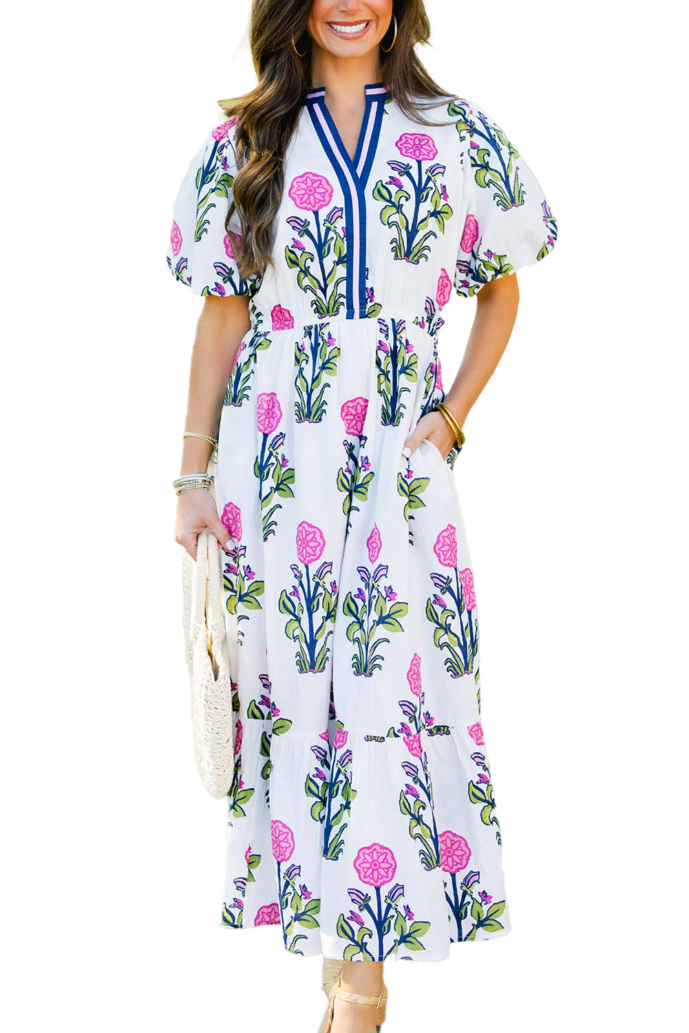 White Floral Ruffle Hem Pop of Color Neckline Dress - The Fair Lady Shop