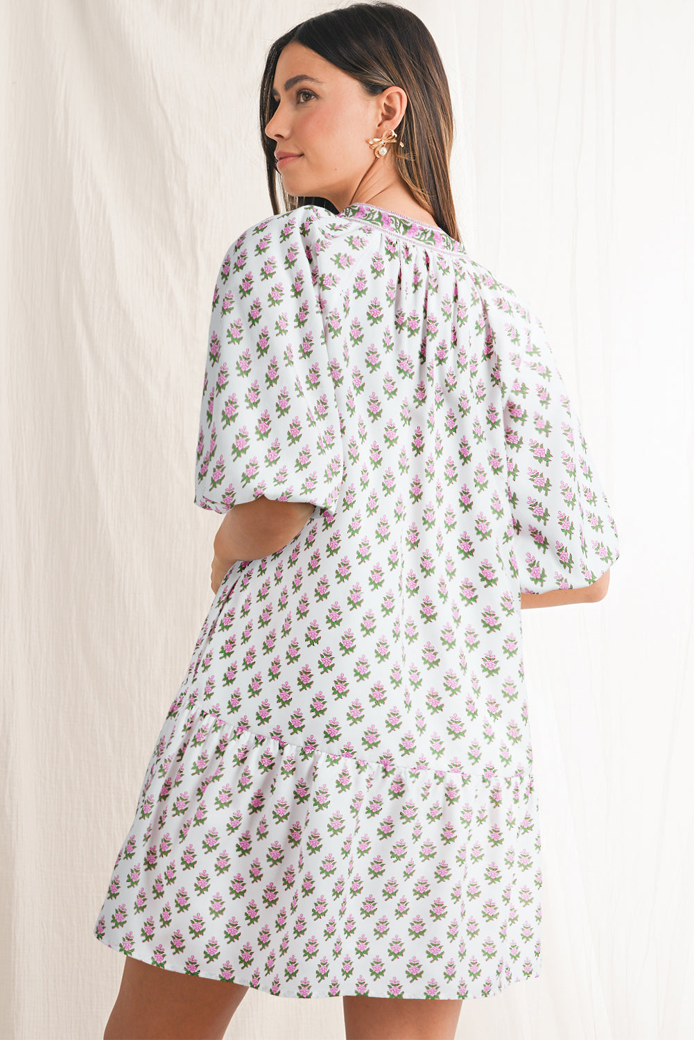 Pink Floral Print Drawstring V Neck Bishop Sleeve Boho Dress - The Fair Lady Shop