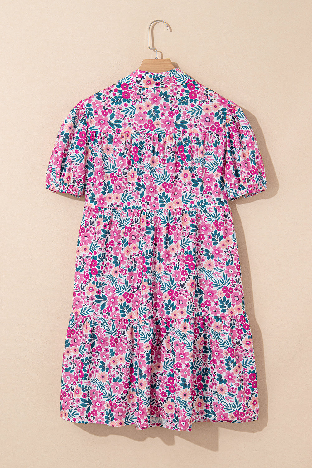 Pink Allover Floral Print Collar Half Button Short Sleeve Loose Dress - The Fair Lady Shop