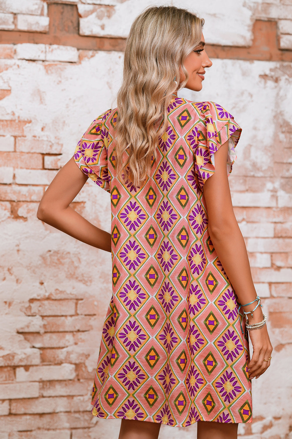 Orange Geometric Floral V Neck Ruffle Buttoned Mini Dress - The Fair Lady Shop