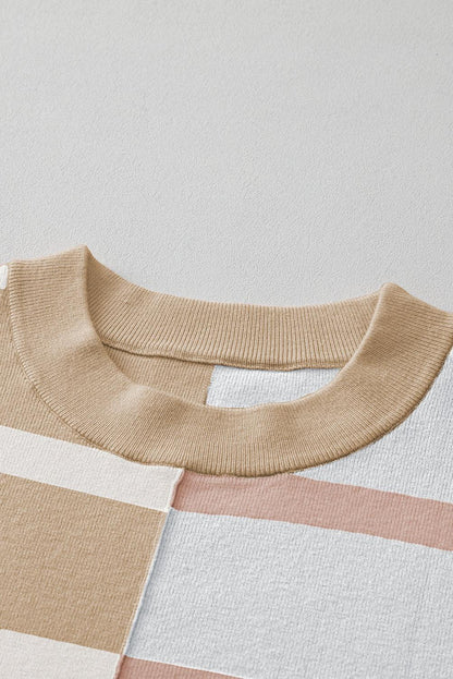 Khaki Stripe Exposed Seam Patchwork Loose Sweatshirts - The Fair Lady Shop