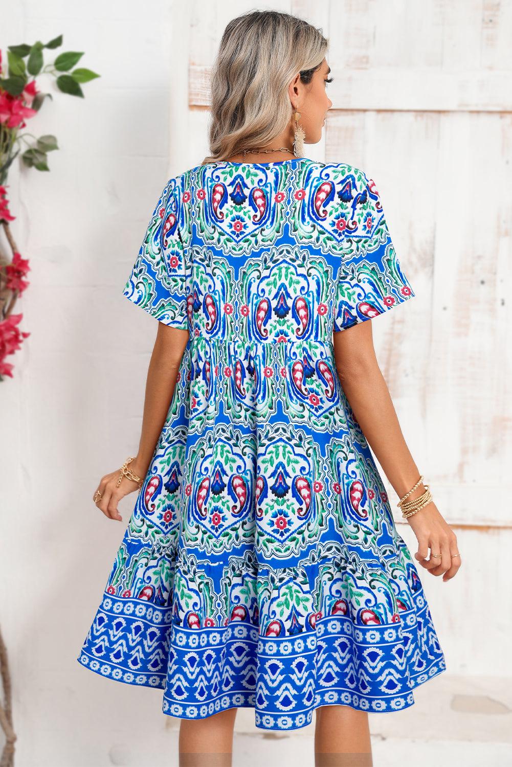 Orange Bohemian Tie Neck Flounce Sleeve Ruffle Hem Mini Dress - The Fair Lady Shop