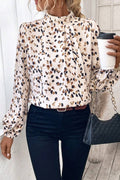 White Leopard Print Puff Sleeve Mock Neck Pleated Blouse - The Fair Lady Shop
