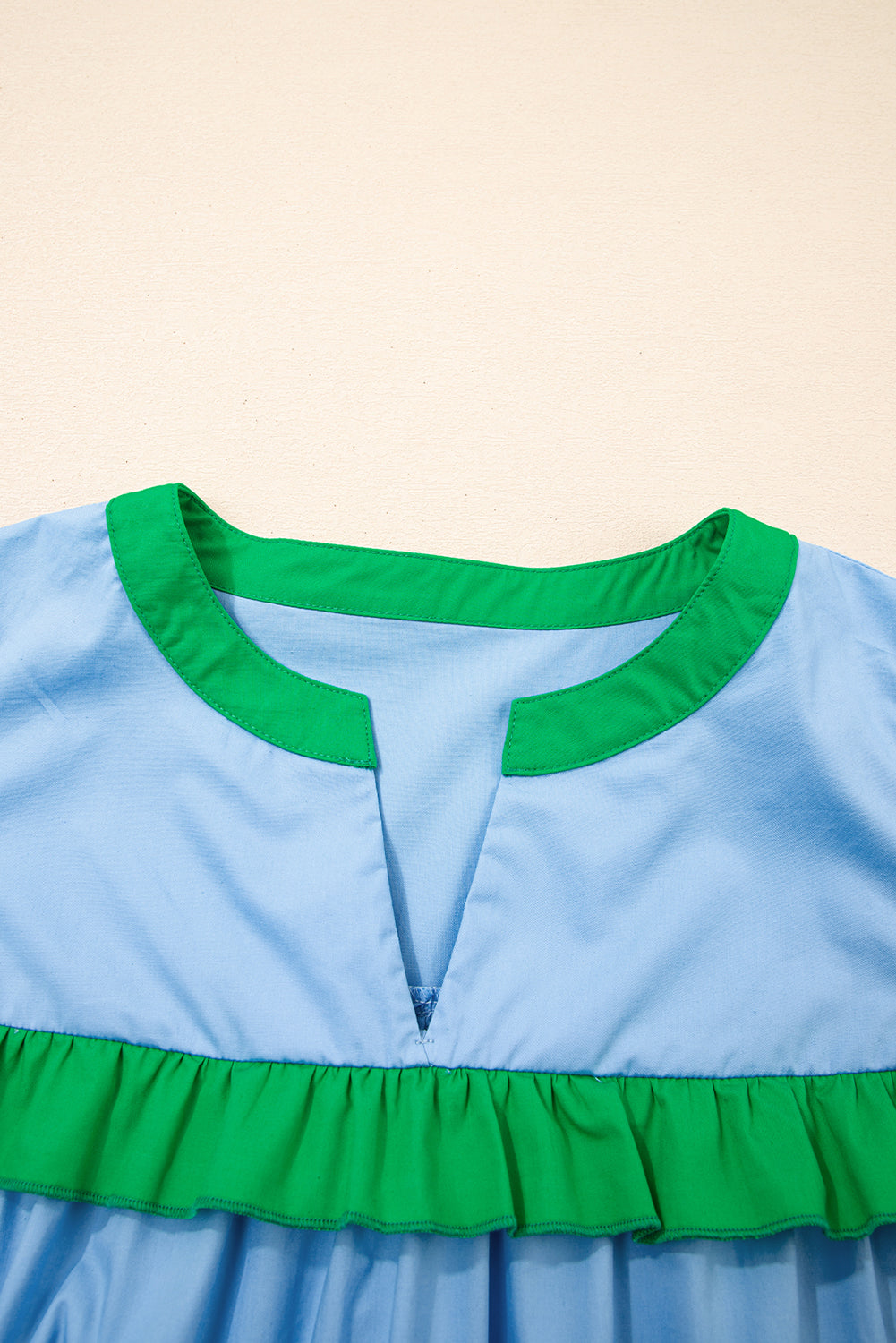 Mist Blue Ruffle Trim V-Neck Puff Sleeve Blouse - The Fair Lady Shop