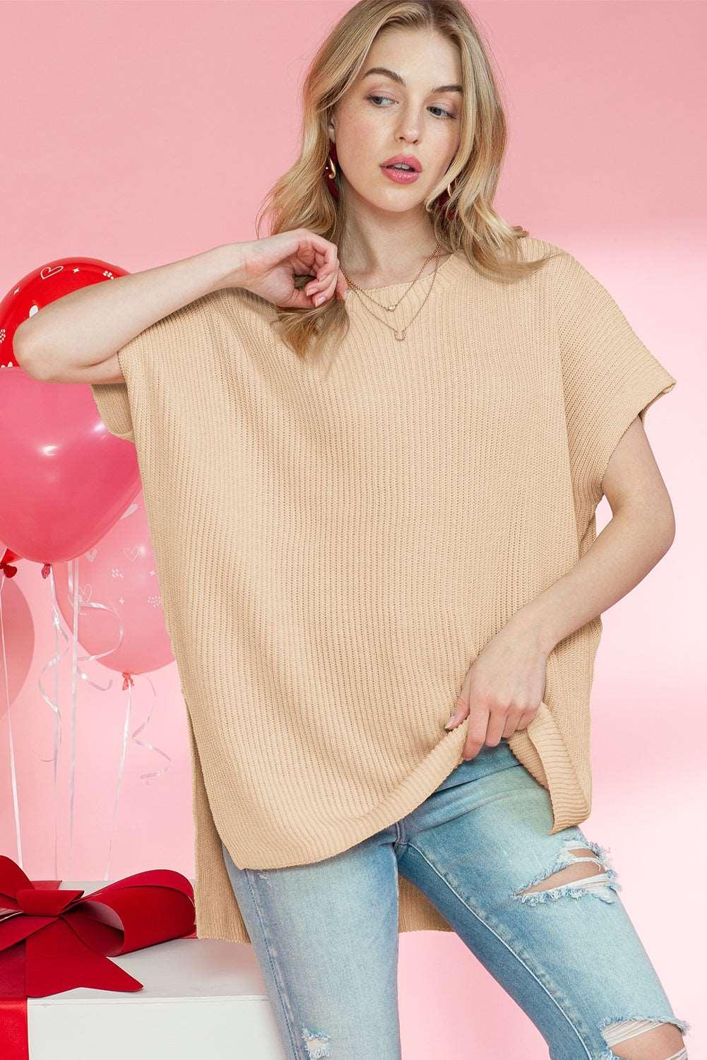 Apricot Side Slit Short Sleeve Oversized Sweater - The Fair Lady Shop