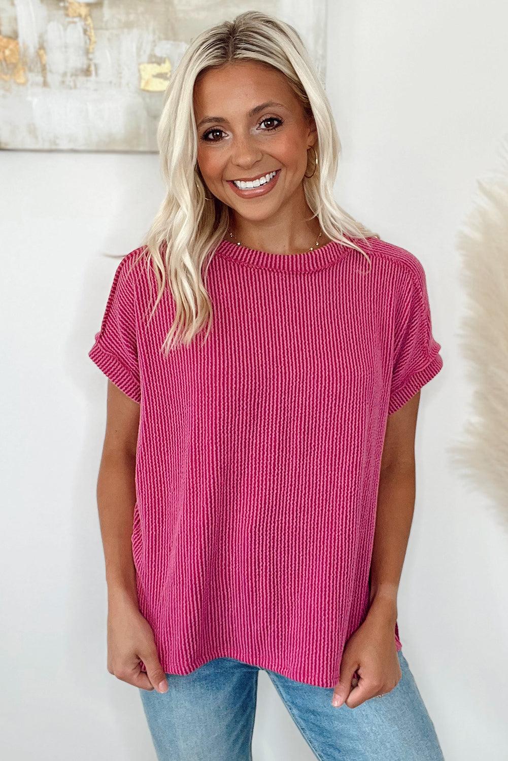 Medium Grey Ribbed Knit Exposed Seam Round Neck T-shirt - The Fair Lady Shop