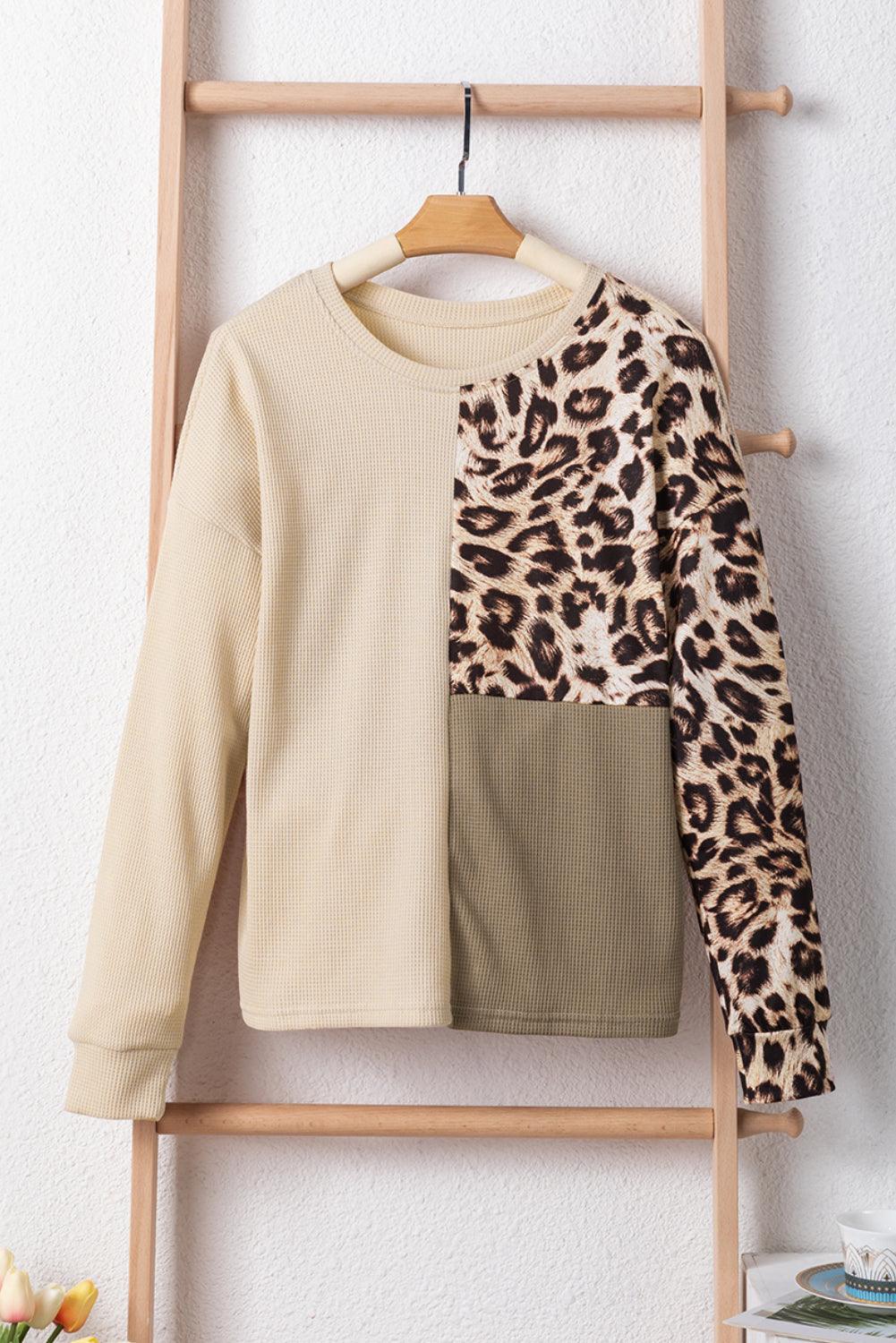 Bonbon Casual Waffle Knit Leopard Contrast Long Sleeve Top - The Fair Lady Shop