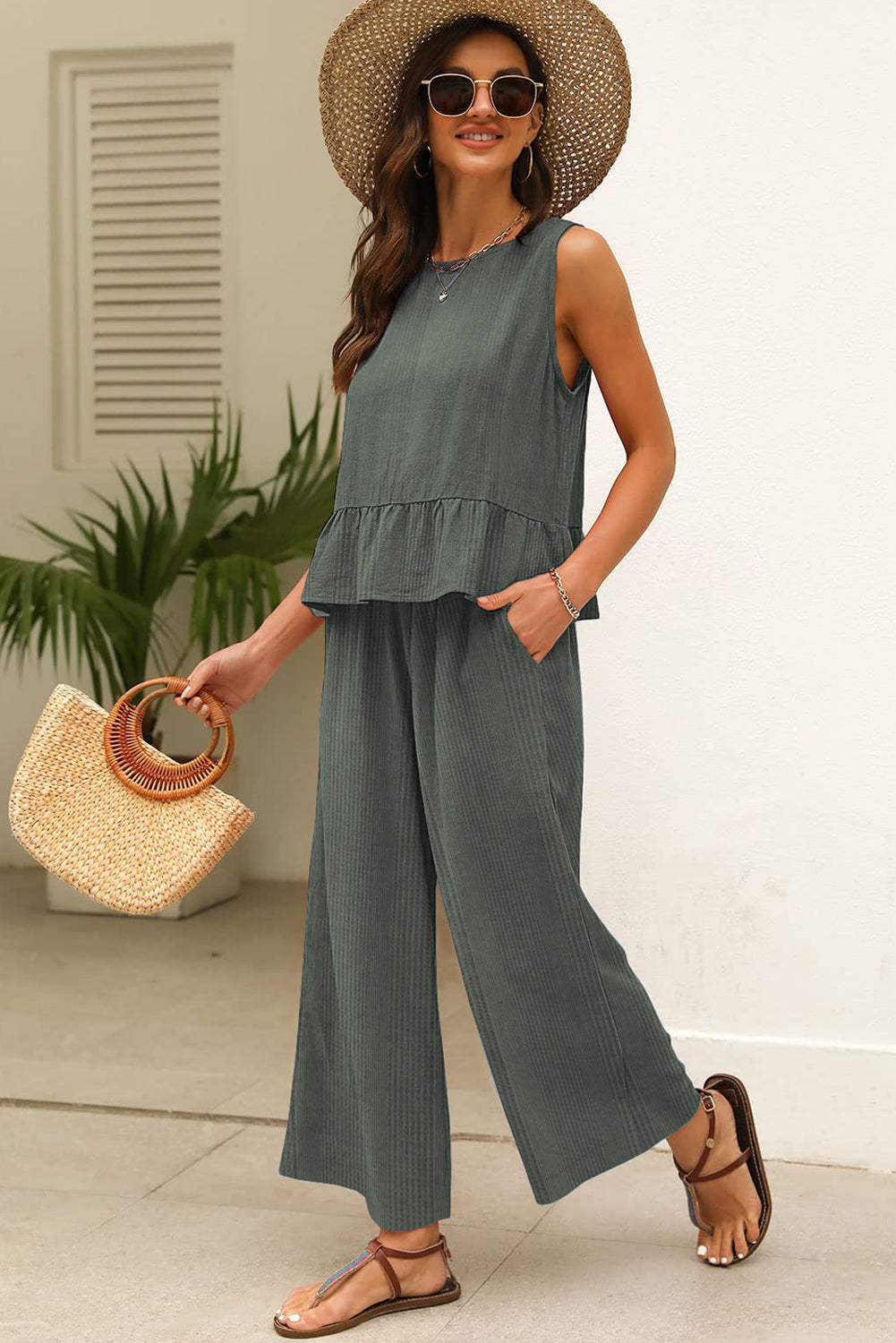 Duffel Green Solid Color Ribbed Ruffle Tank Top and Pants Set - The Fair Lady Shop