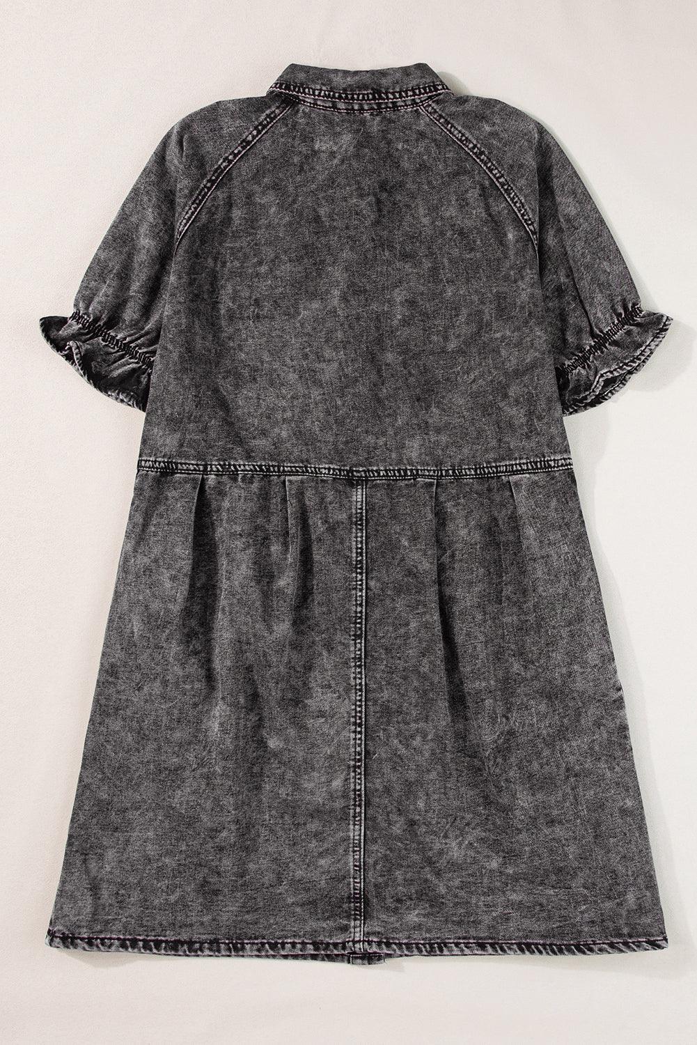 Blue Mineral Washed Ruffled Short Sleeve Pocketed Denim Dress - The Fair Lady Shop