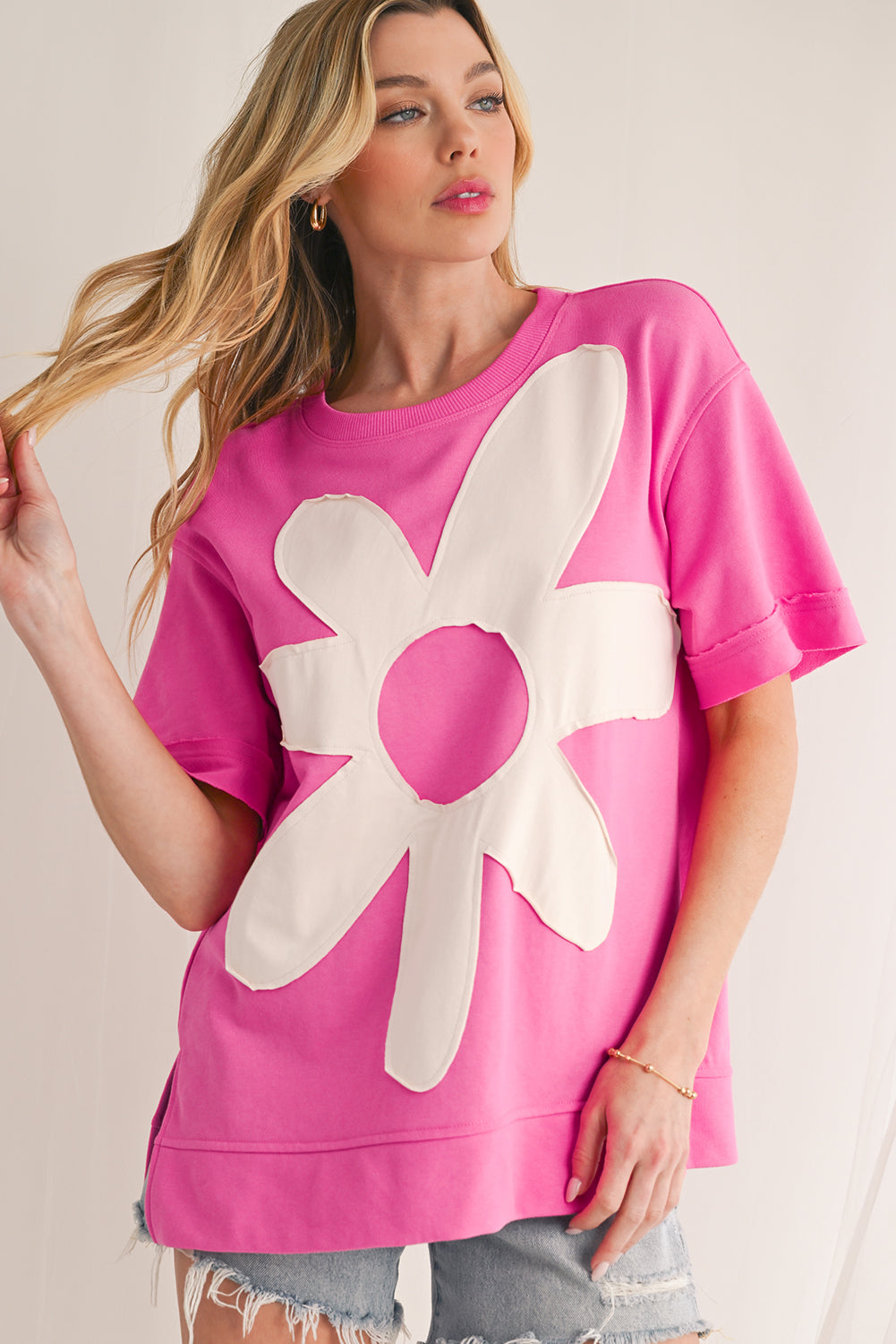 Sachet Pink 60s Flower Applique Slits T-Shirt - The Fair Lady Shop