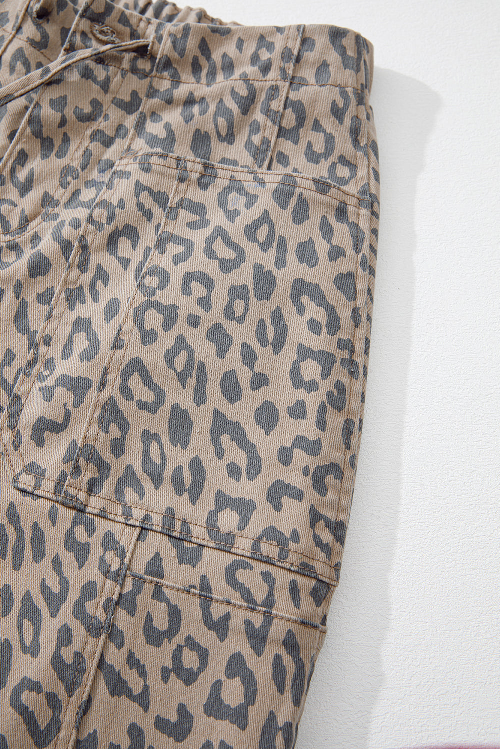Khaki Leopard Print Drawstring Waist Pocketed Wide Leg Jeans - The Fair Lady Shop