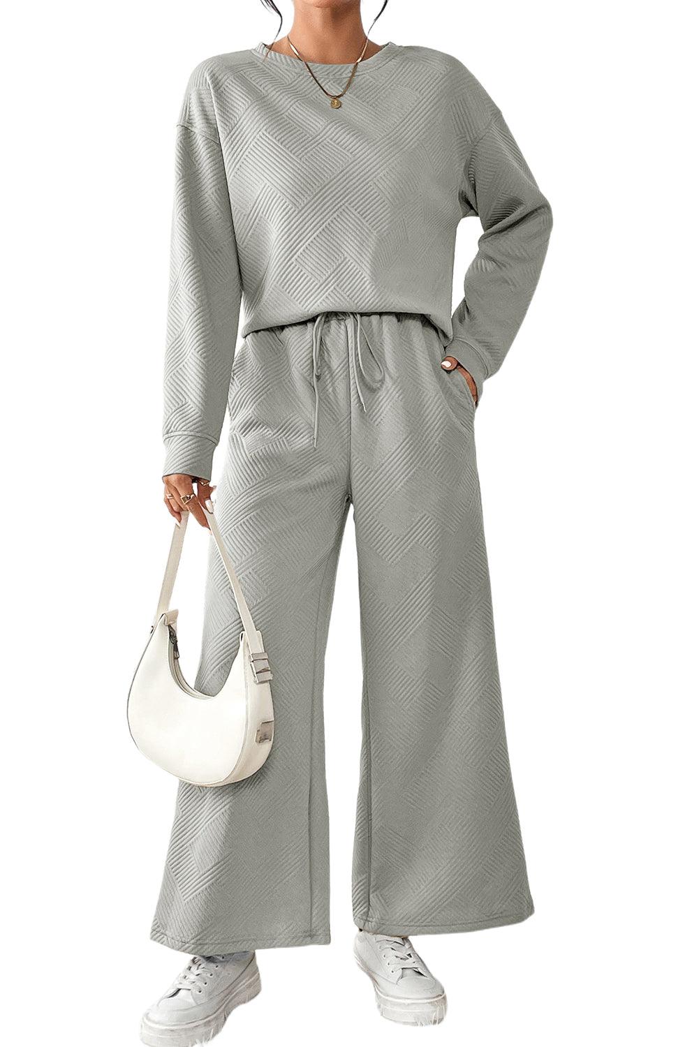 Dark Brown Textured Loose Slouchy Long Sleeve Top and Pants Set - The Fair Lady Shop