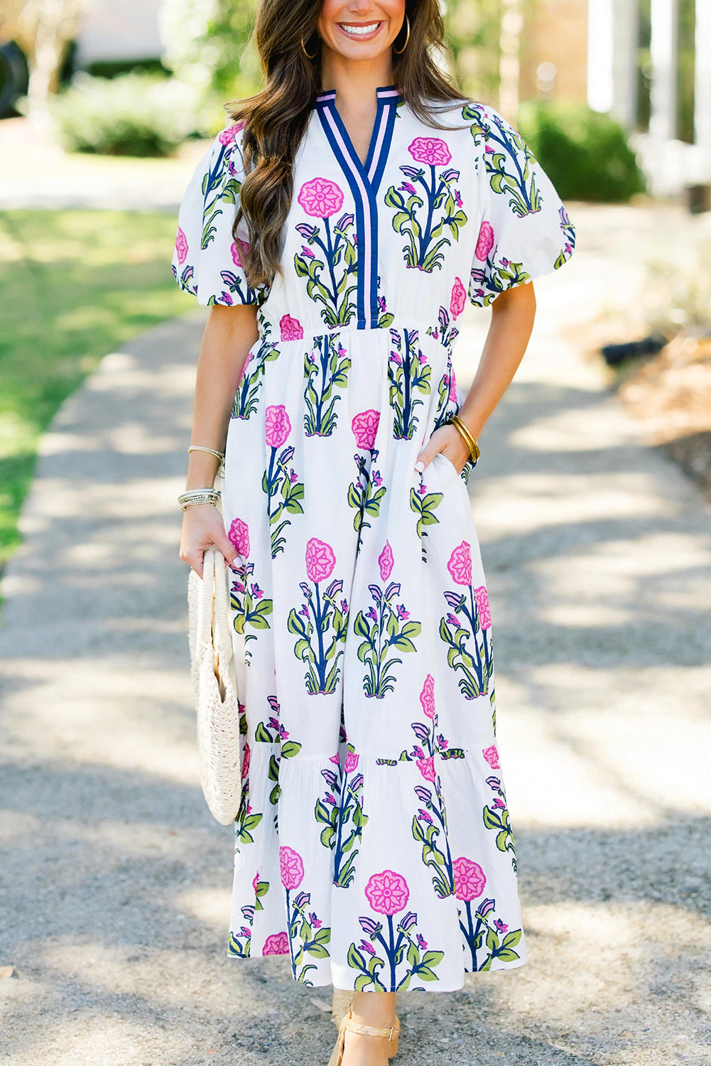 White Floral Ruffle Hem Pop of Color Neckline Dress - The Fair Lady Shop