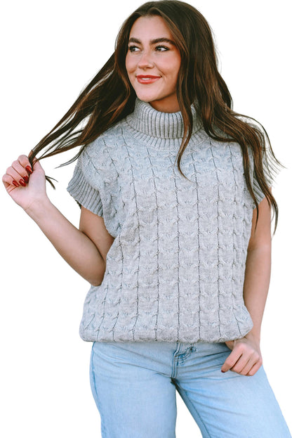 Medium Grey Cable Knit Turtleneck Short Dolman Sleeve Sweater - The Fair Lady Shop