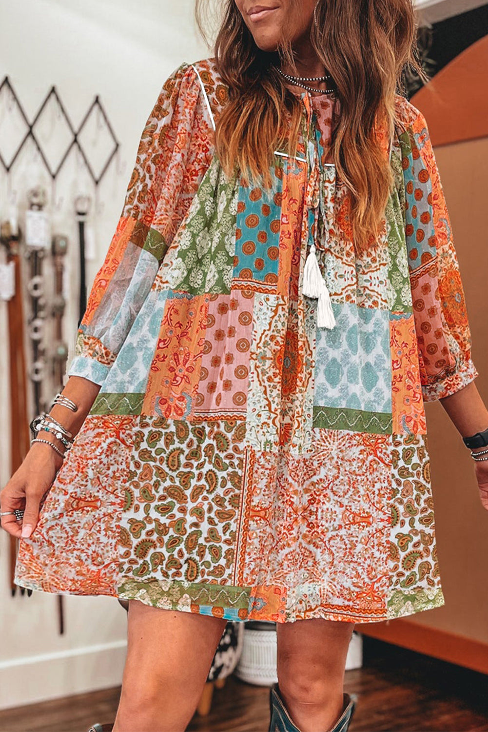 Orange Boho Paisley Mixed Print 3/4 Sleeve Chiffon Loose Dress - The Fair Lady Shop