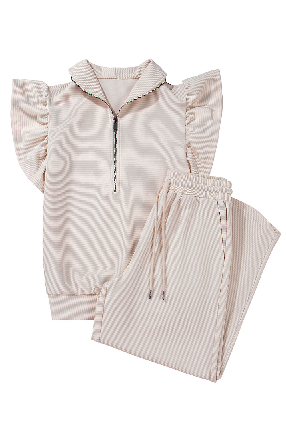 Apricot Textured Ruffle Sleeve Zipped Top and Wide Leg Pants Set - The Fair Lady Shop