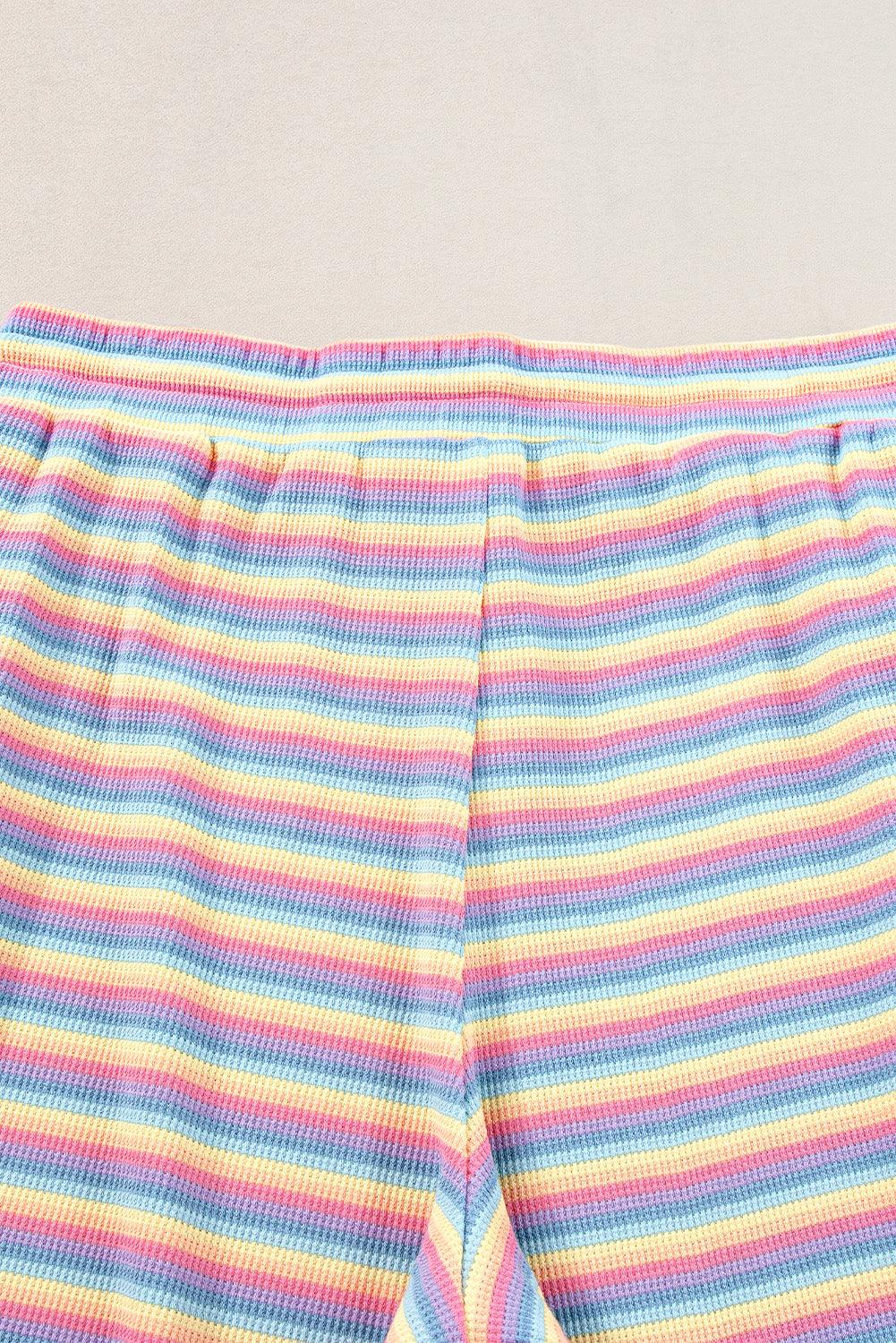 Yellow Stripe Rainbow Tee and Tassel Drawstring Wide Leg Pants Set - The Fair Lady Shop