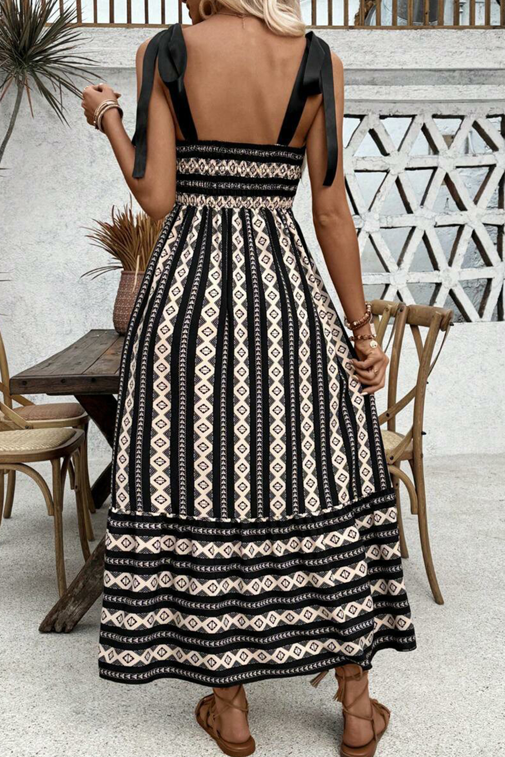 Black Geometric Striped Knot Strap Maxi Dress - The Fair Lady Shop