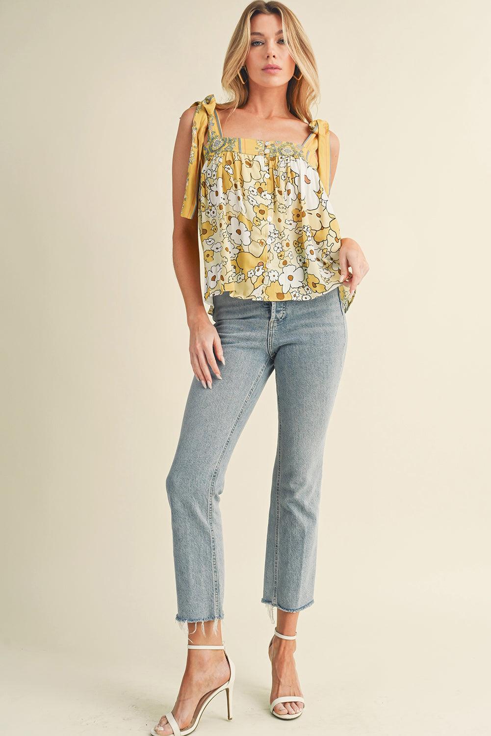 Yellow Floral Patchwork Boho Knot Straps Top - The Fair Lady Shop