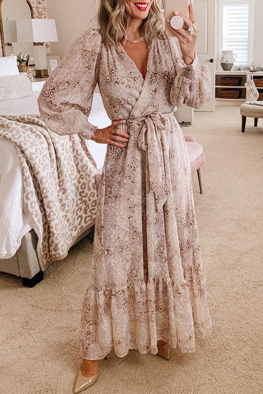 Leopard Surplice V Neck Bubble Sleeve Sash Maxi Dress - The Fair Lady Shop