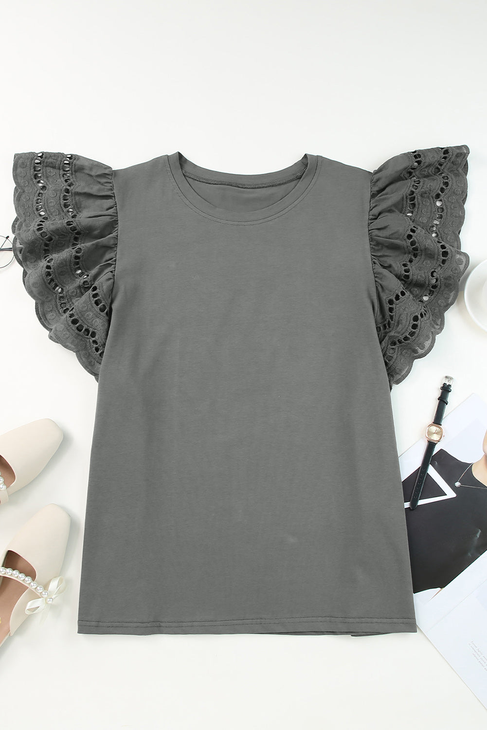 Gray Plus Size Flutter Sleeve Top - The Fair Lady Shop