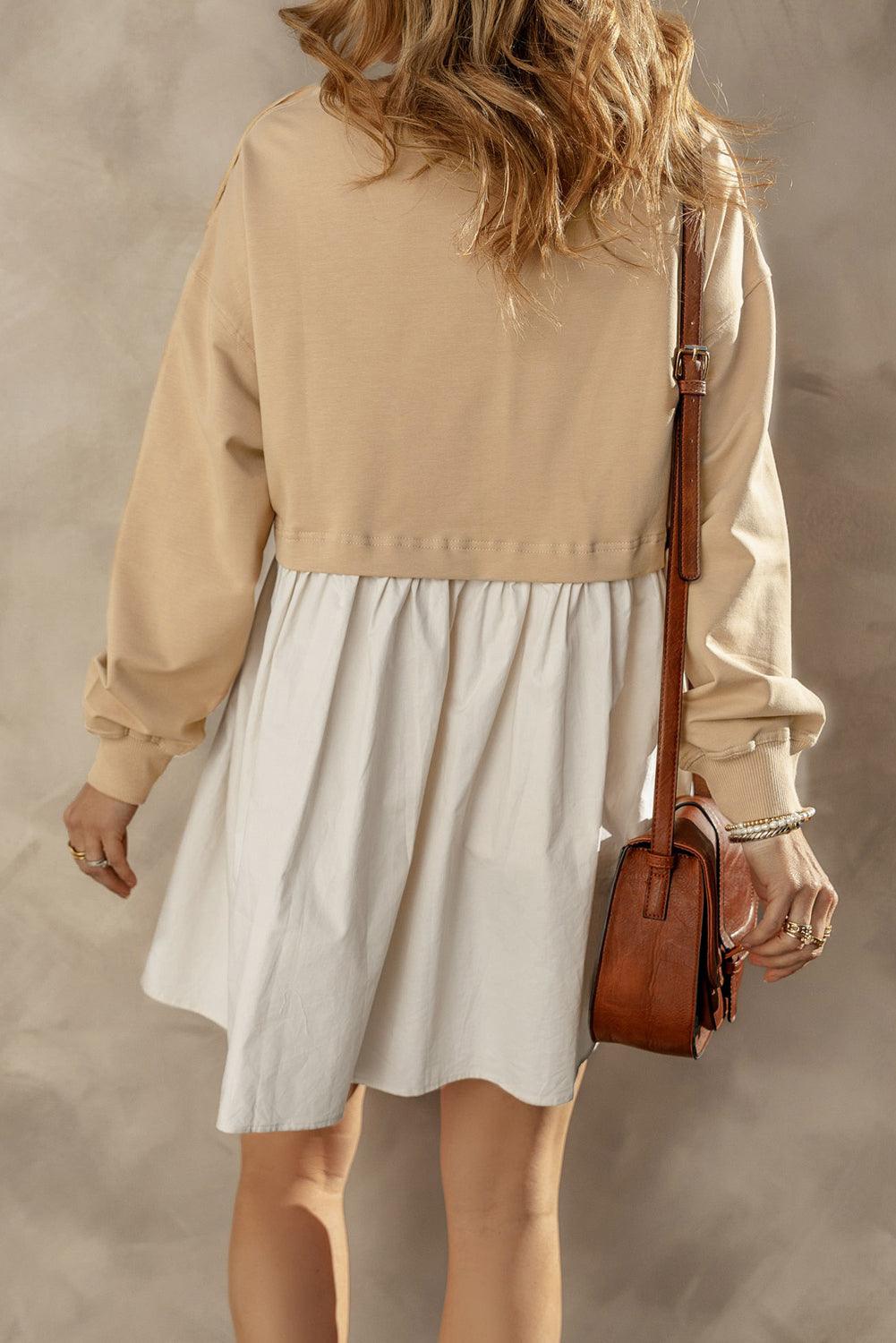 Khaki Sweatshirt Colorblock Flowy Pleated Mini Dress - The Fair Lady Shop