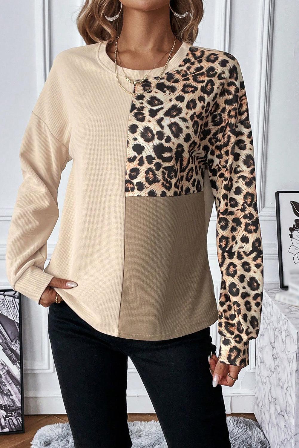 Bonbon Casual Waffle Knit Leopard Contrast Long Sleeve Top - The Fair Lady Shop