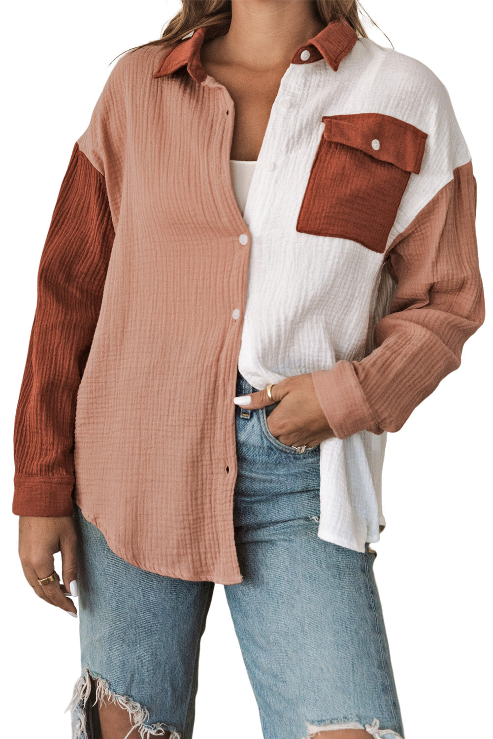 Brown Color Block Pockets Textured Long Sleeve Shacket - The Fair Lady Shop