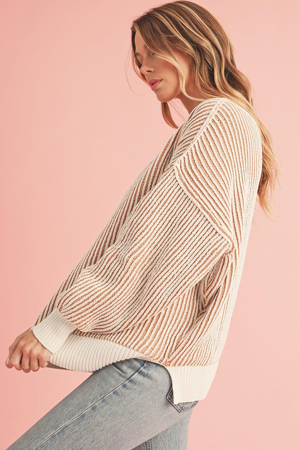 Chestnut Striped Contrast Trim Loose Sweater - The Fair Lady Shop