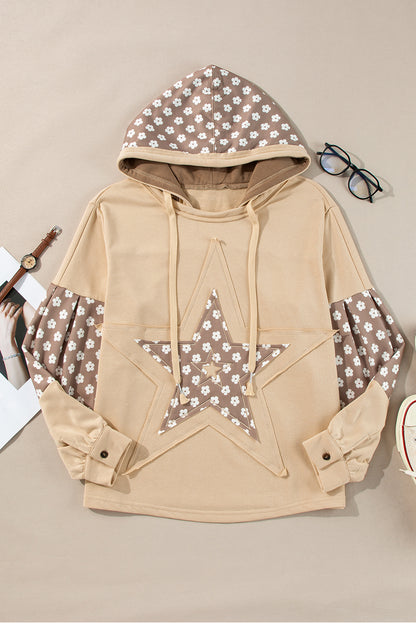 Apricot Floral Patchwork Star Pattern Drawstring Hoodie - The Fair Lady Shop