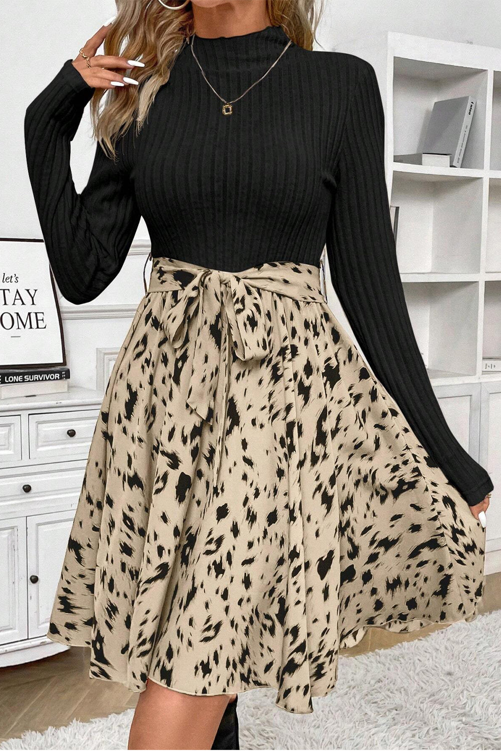 Black Ribbed Knit Patchwork Abstract Print Belted Short Dress - The Fair Lady Shop