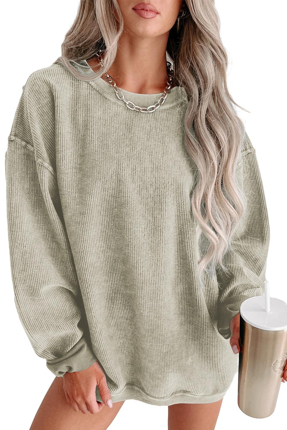 Khaki Solid Ribbed Round Neck Pullover Sweatshirt - The Fair Lady Shop