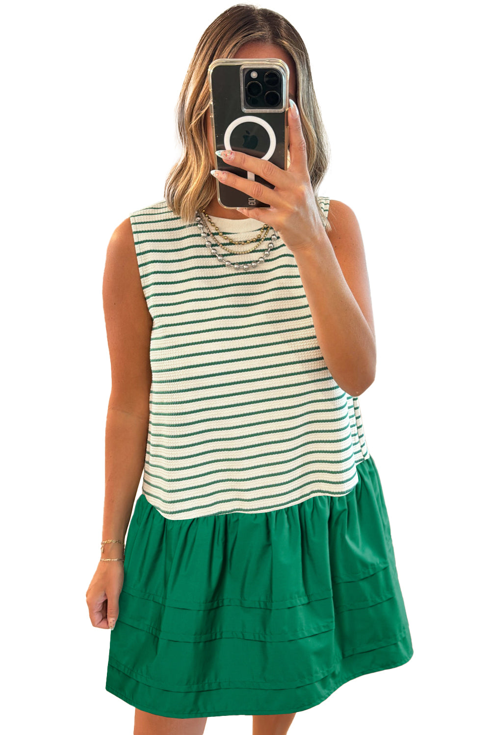 Green Stripe Woven Ruffled Sleeveless Mini Dress - The Fair Lady Shop