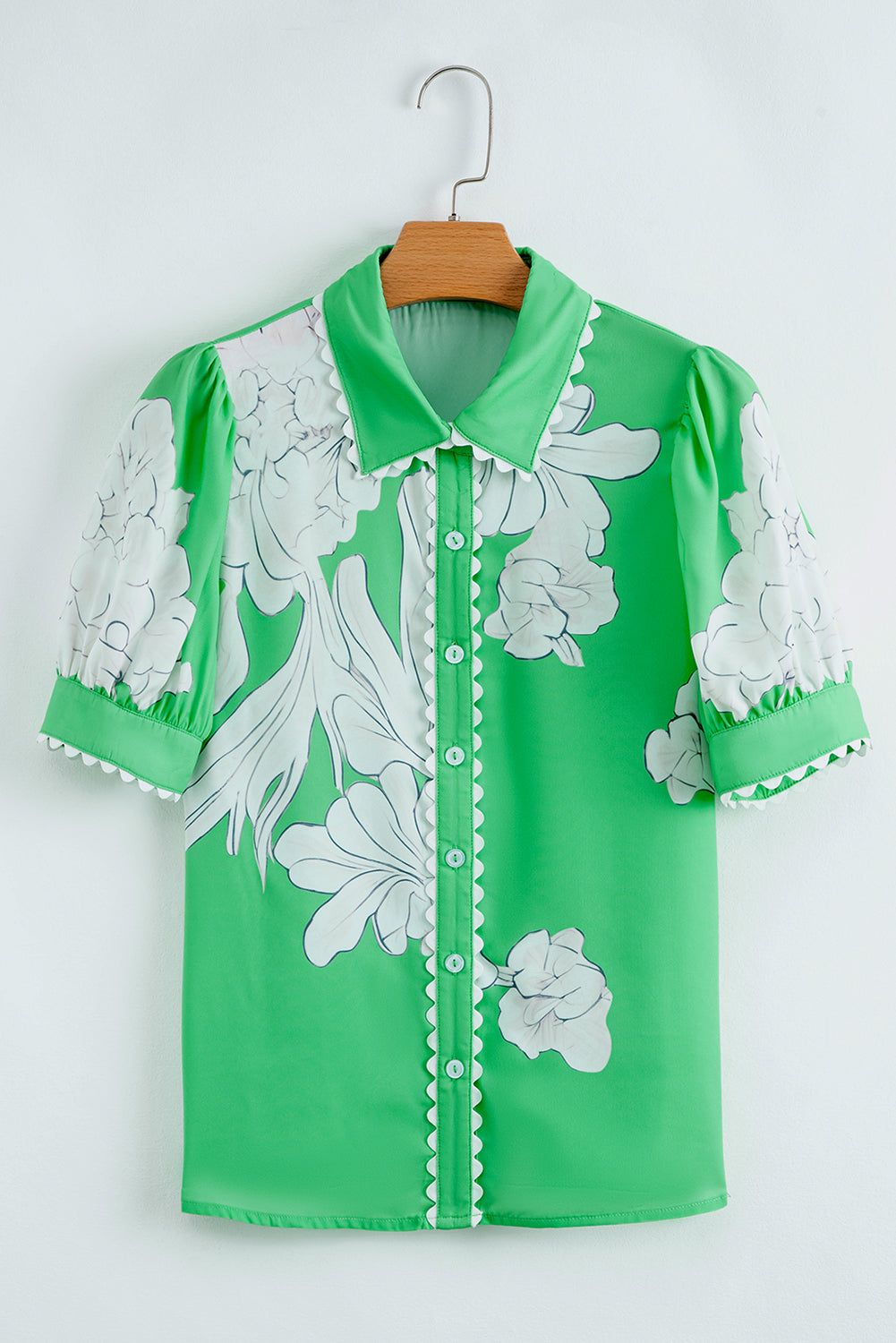 Green Floral Print Ric Rac Trim Puff Sleeve Button Up Shirt - The Fair Lady Shop