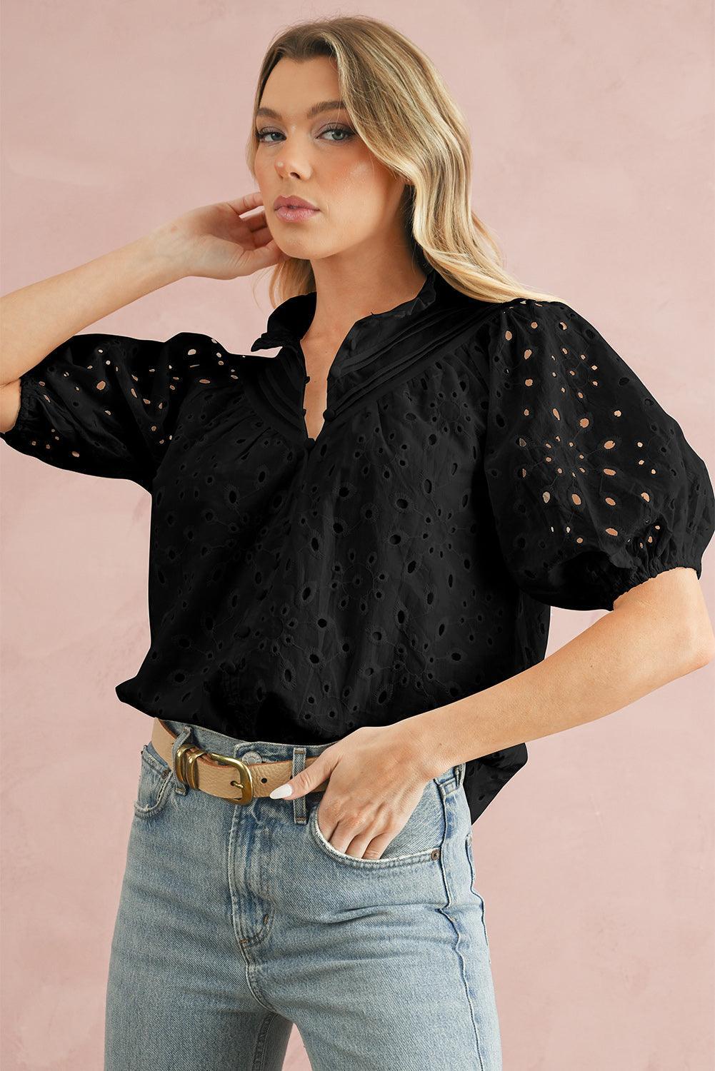 Bonbon Hollow-out Flower Embroidered Short Puff Sleeve Blouse - The Fair Lady Shop