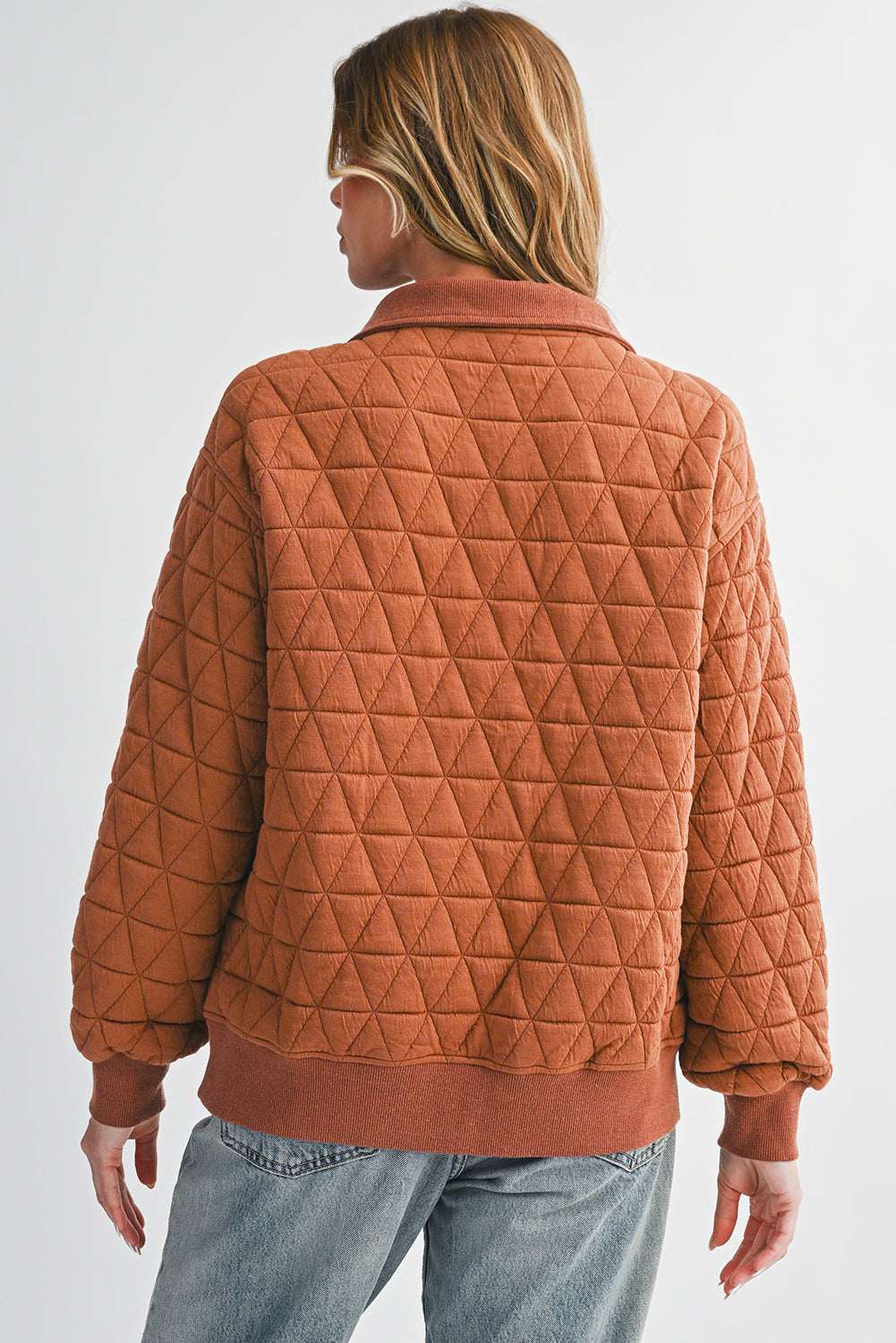 Straw Yellow Textured Zipper Neck Long Sleeve Pullover Sweatshirt