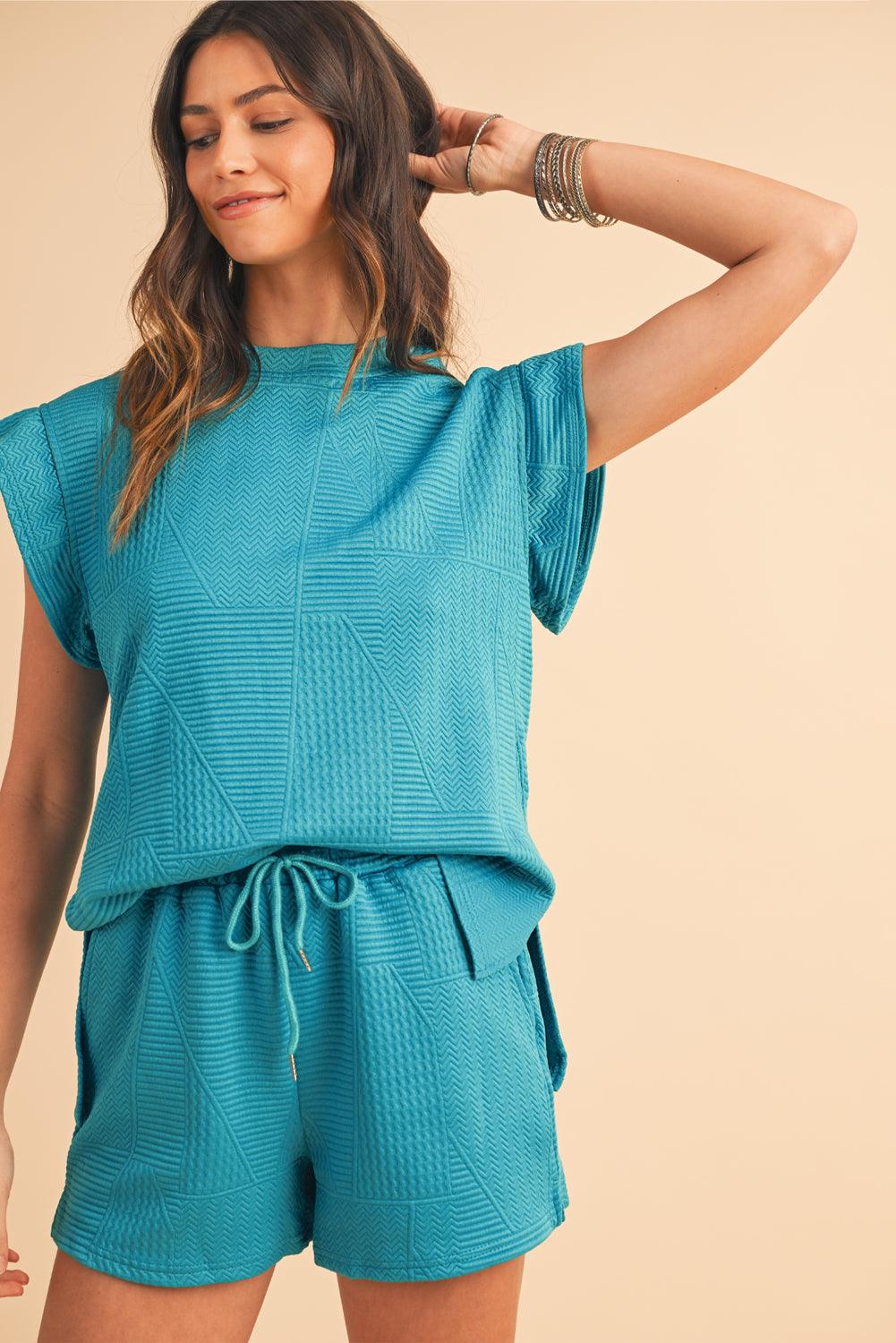 Dark Green Textured Ruffle Split Top and Drawstring Shorts Set - The Fair Lady Shop
