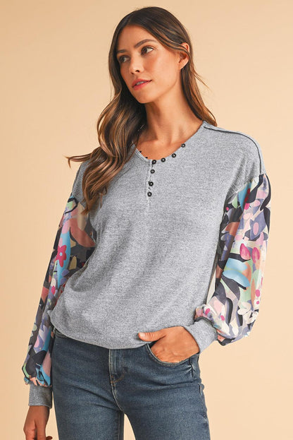 Gray Floral Splicing Lantern Sleeve Buttoned V Neck Top - The Fair Lady Shop