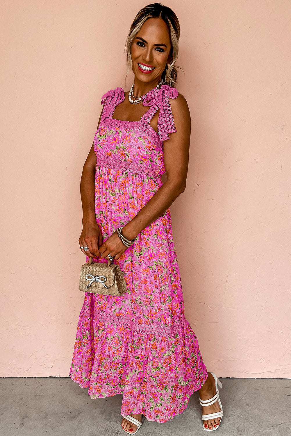 Rose Floral Lace Tied Strap Empire Waist Maxi Dress - The Fair Lady Shop