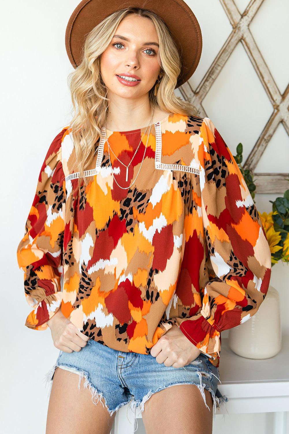 Multicolor Abstract Print Boho Ruffle Puff Sleeve Blouse - The Fair Lady Shop