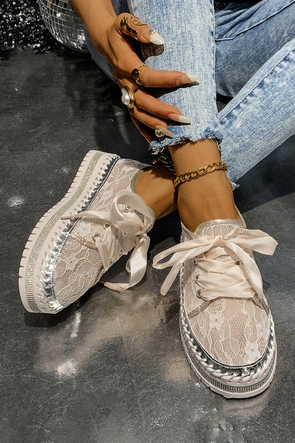 White Floral Mesh Thick Sole Sneakers