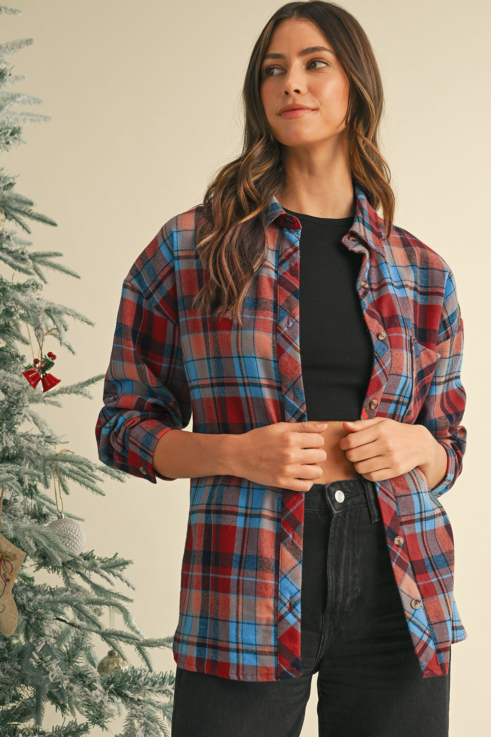 Red Plaid Print Drop Sleeve Loose Shirt - The Fair Lady Shop