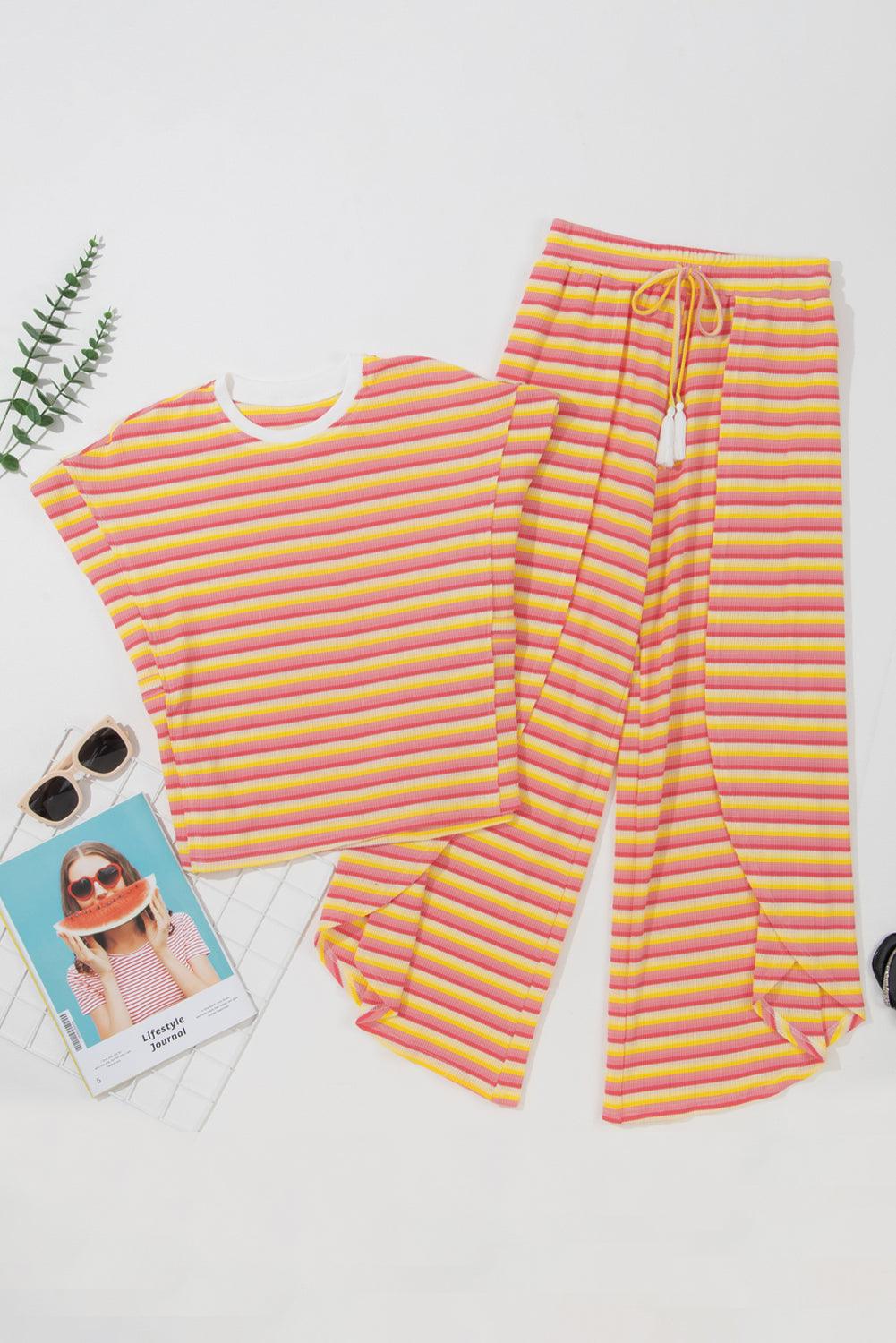 Yellow Stripe Rainbow Tee and Tassel Drawstring Wide Leg Pants Set - The Fair Lady Shop