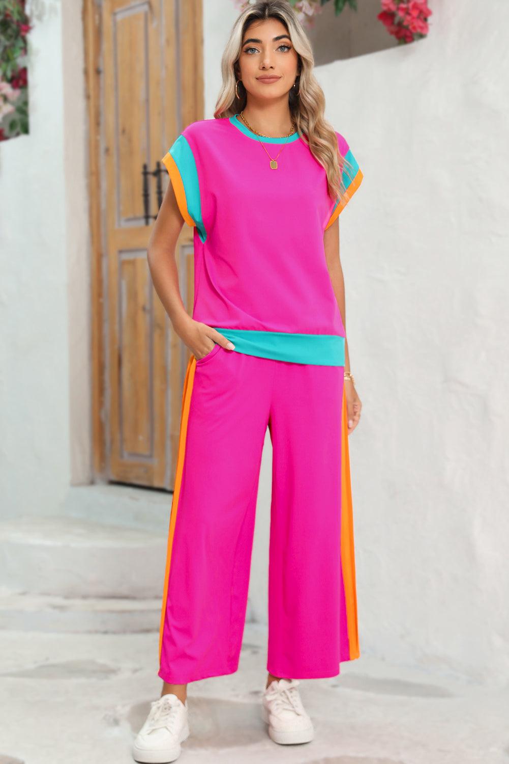 Chestnut Colorblock Cap Sleeve Tee and Wide Leg Pants Set - The Fair Lady Shop