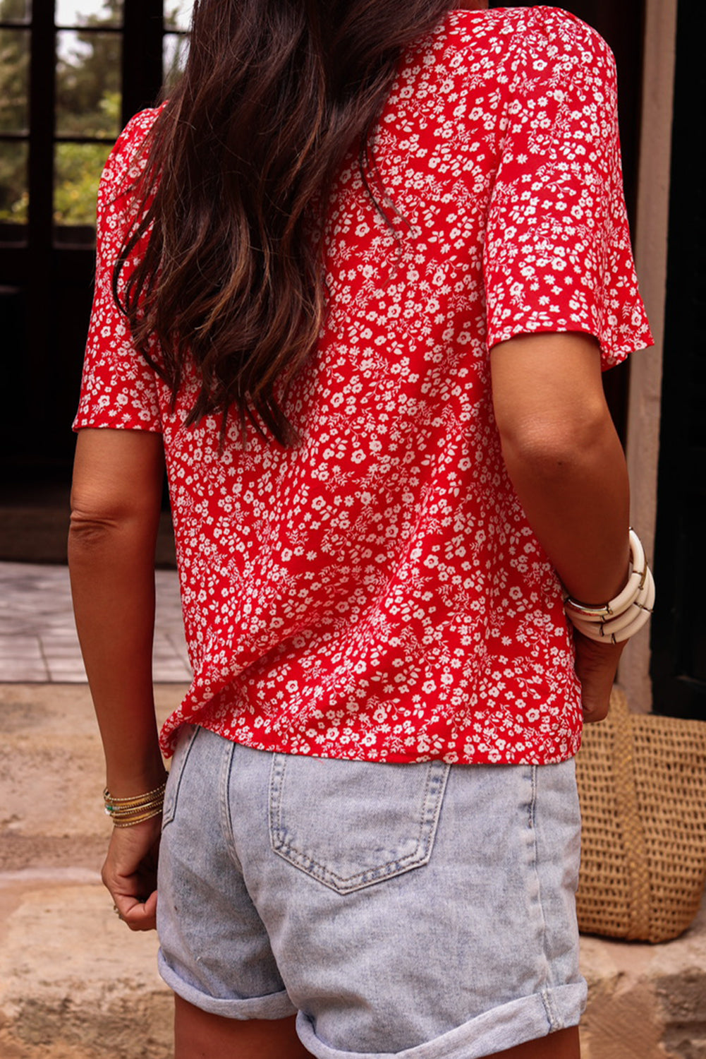 Red Boho Floral Print Half Sleeve Knotted V Neck Blouse - The Fair Lady Shop