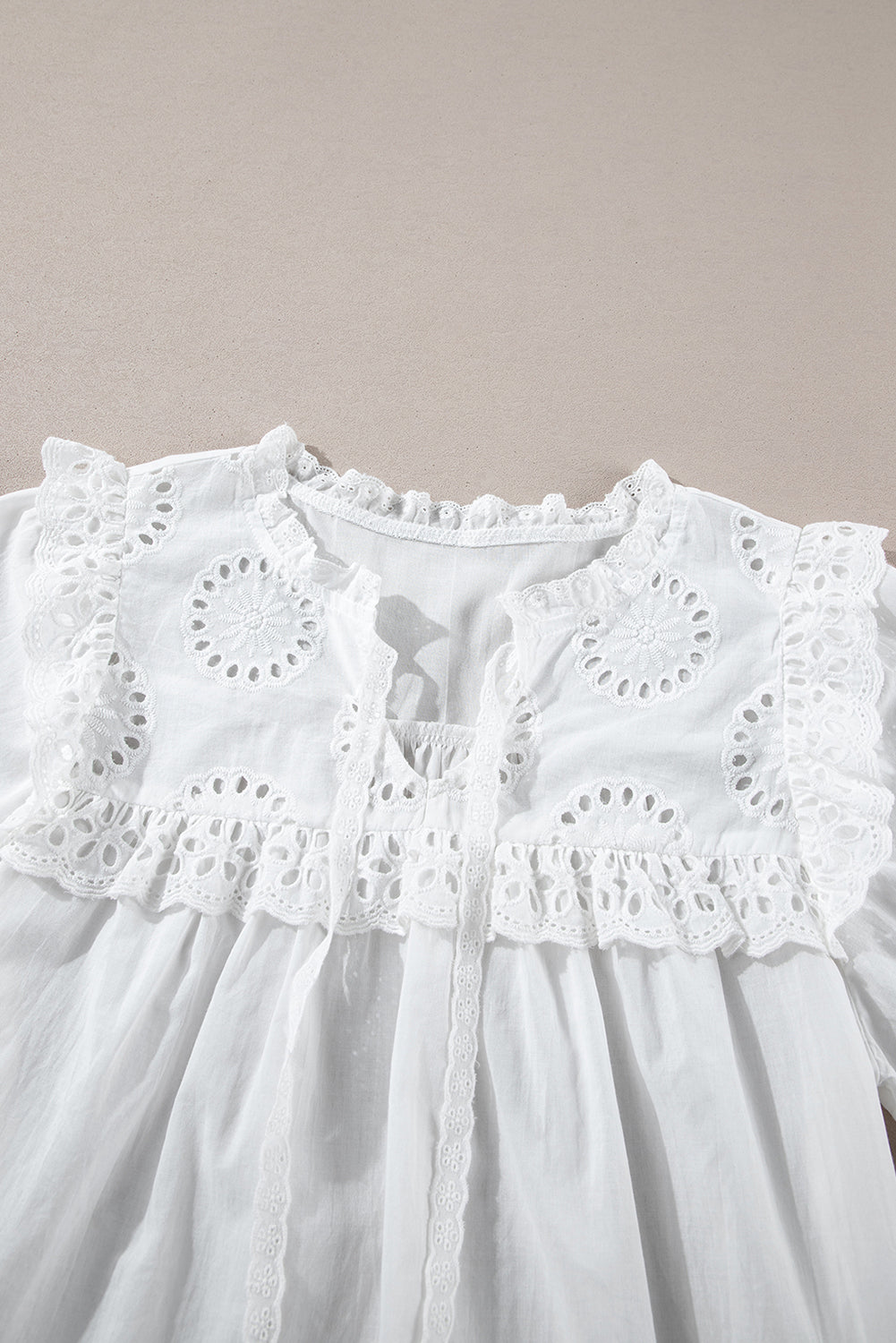 White Embroidered Lace Patchwork Tie Neck Half Sleeve Blouse - The Fair Lady Shop