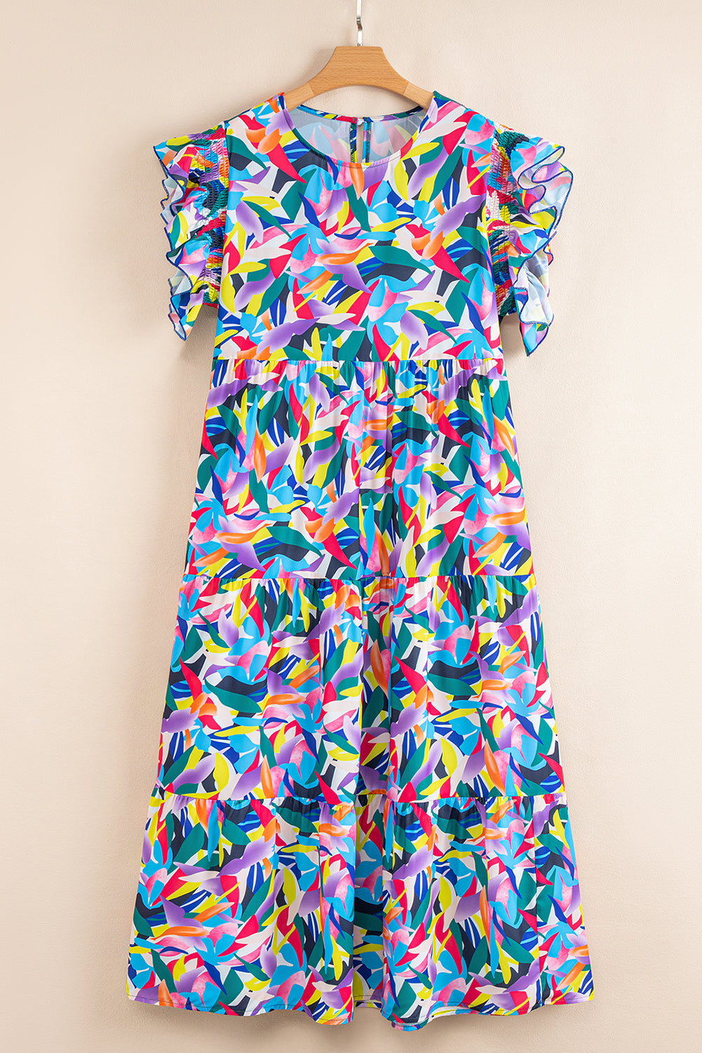 Blue Abstract Print Ruffle Sleeve Plus Size Tiered Maxi Dress - The Fair Lady Shop
