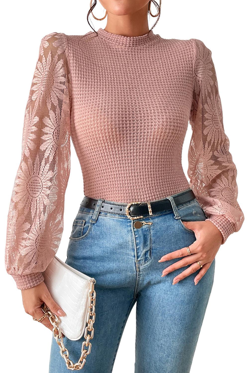 Peach Blossom Sunflower Lace Long Sleeve Waffle Knit Top - The Fair Lady Shop